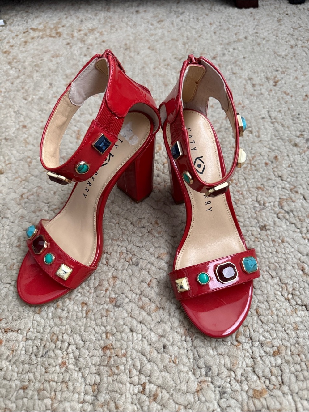 Katy Perry Collections Red Jeweled Patent Block Heel Sandals